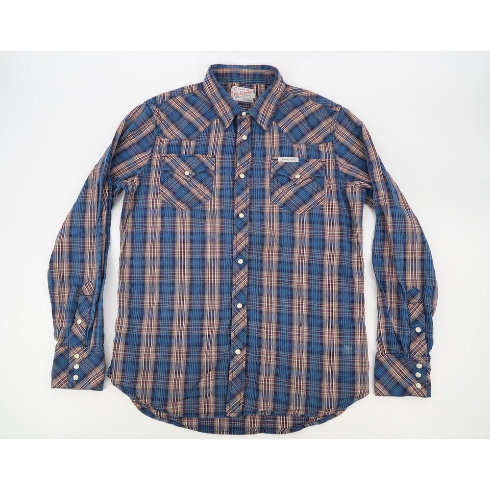 True Religion Men's XL Western Pearl Snap Button Blue Plaid Long Sleeve Shirt - Picture 2 of 6